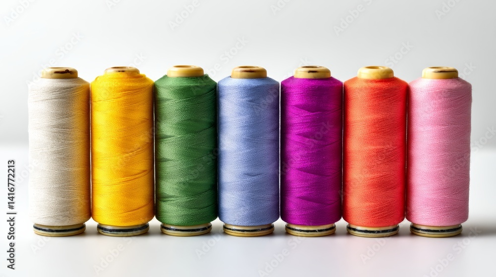 Poster row of colorful spools of thread. the spools are arranged in a row, with the colors ranging from yel
