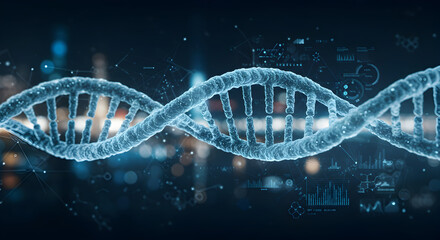 Blue Digital Double Helix DNA Strand Graphic with Abstract Background Cityscape Technology and Healthcare Innovation