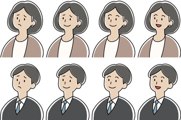 色々な表情のスーツの男性と女性のイラストセット