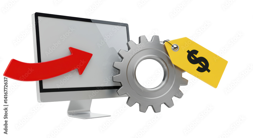 Poster isolated computer screen with gear mechanism and price tag