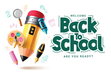 Back to school greeting clipart banner design. School typography text in simple white background template clip art with pencil educational writing elements vector illustration.
