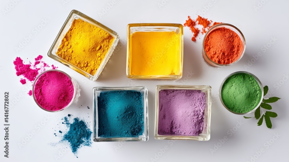 Poster collection of colorful powders in small containers. the powders are in different colors and are arra