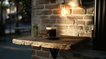 Outdoor coffee station with a rich espresso, warm lighting, and rustic charm.  Wooden shelf against brick wall