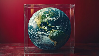 Earth contained within a transparent box against a vibrant red backdrop.
