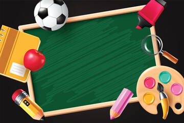 School educational chalkboard clipart template. Wooden green board clip art with classroom elements for teaching and learning blank frame design black background vector illustration.
