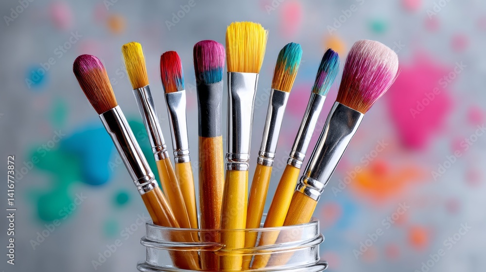 Poster jar full of paint brushes with a splash of color on the background. the brushes are of different siz