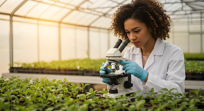 African American Scientist Analyzing Plants with Microscope in a Greenhouse Laboratory with Natural Lighting