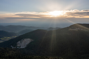 Sunset scenery in the Black Forest Mountains, drone aerial view