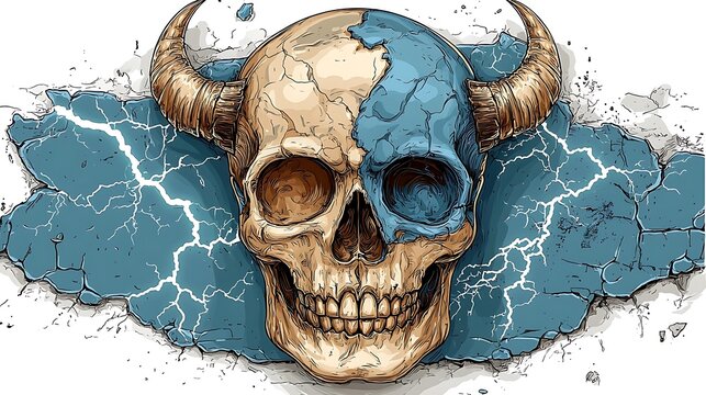 A half-toned skull with horns, adorned with vibrant lightning.
