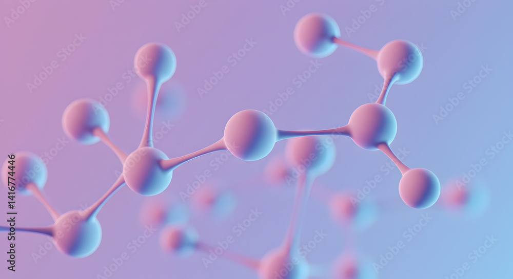Poster abstract molecular structure with spheres and connecting lines in soft purple and blue gradient