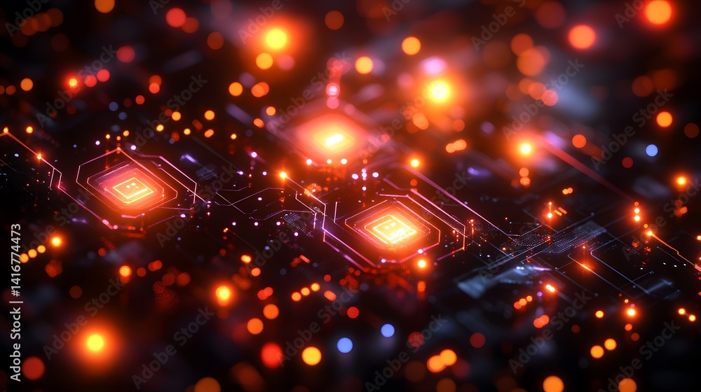 Poster high-tech circuit board illuminated with glowing orange and red lights.