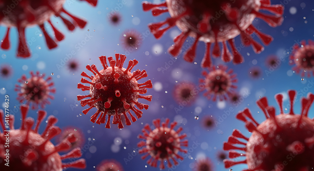 Poster abstract microscopic view of red virus cells against a gradient blue background