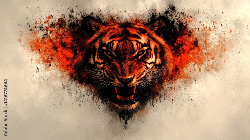 Poster dramatic tiger portrait with fiery energy and dynamic particle dispersion creating an intensely capt
