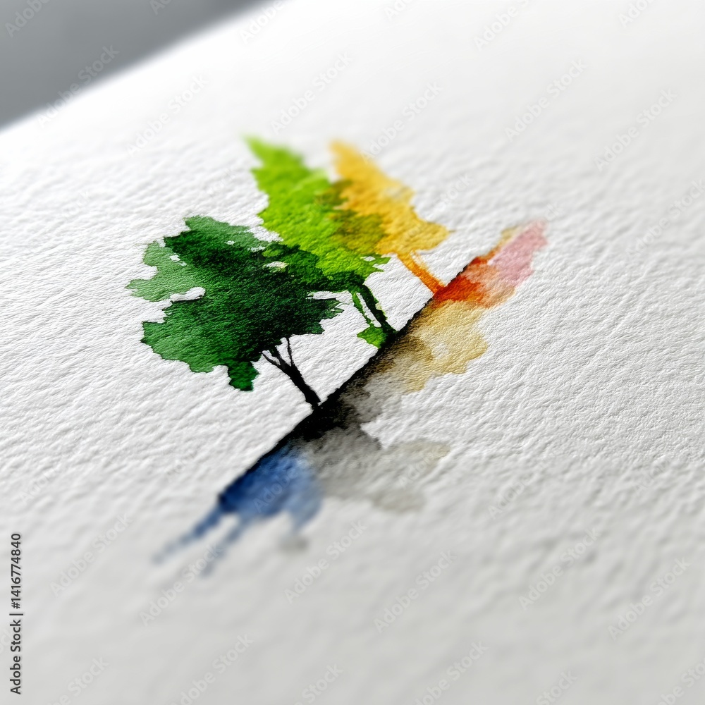 Poster watercolor trees: abstract artwork displaying seasonal changes with blurring reflections on textured