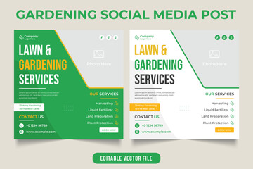 Lawn and gardening service promotional social media post with a photo placeholder. Agro and gardening service flyer design with green and yellow colors. Landscaping business template with discount.