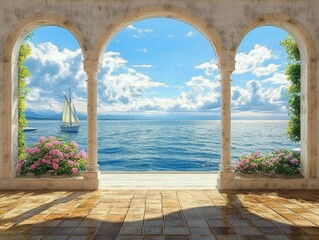 A picturesque view of the sea through an arched passage, a lone sailboat sails serenely on the horizon, while the bright sky above casts a golden glow on the surrounding landscape.