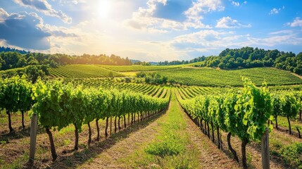 Naklejka premium Lush Green Vineyards Under a Bright Blue Sky at Sunset