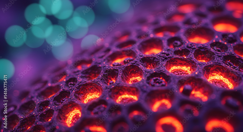 Poster abstract macro texture with purple and red cellular structure under cyan spheres light