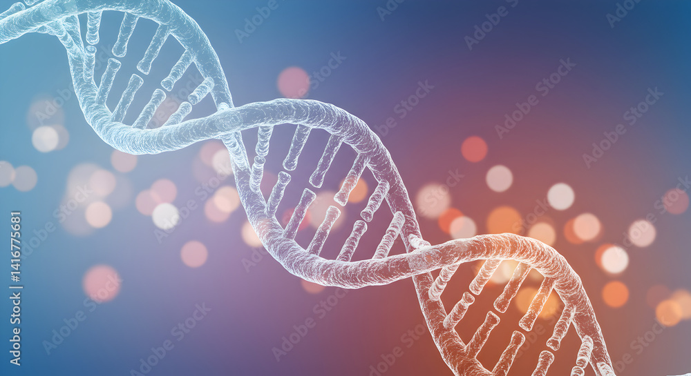 Poster abstract double helix dna structure on blue and orange gradient background with bokeh