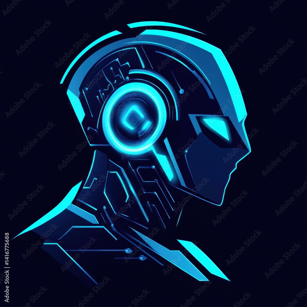 Aufkleber futuristic robot profile with glowing circuitry and geometric design on a dark background