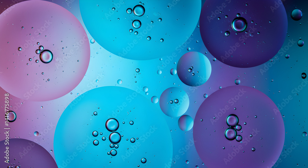 Poster abstract bubbles in blue and purple oil mixture create unique patterns and texture