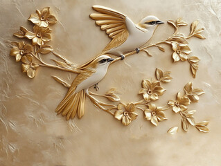 Two golden birds perched on a golden branch adorned with blooming flowers, crafted in a 3D relief style. Their intricate detailing and majestic presence create a mesmerizing piece of art.