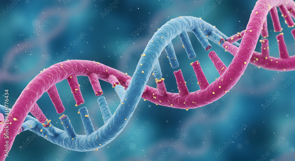 Poster abstract 3d rendering of pink and blue dna molecule double helix structure on a blurred background