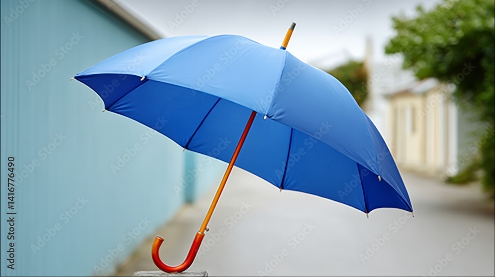 Poster blue umbrella is open and sitting on a sidewalk. the umbrella is open to the right side, and the han