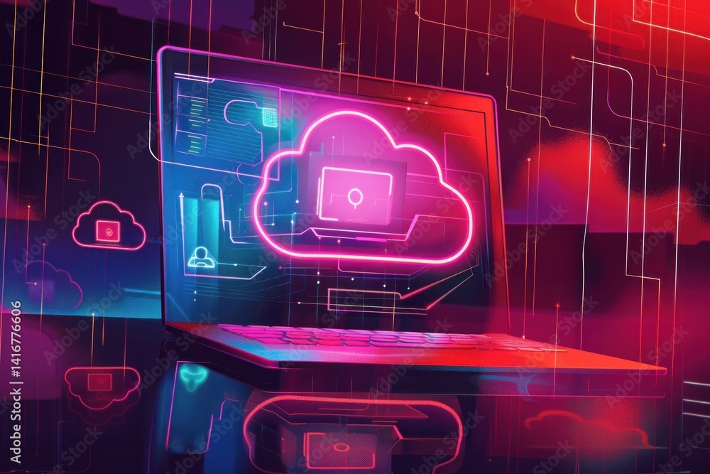 Poster cybersecurity cloud computing, neon laptop displaying data encryption and secure cloud storage
