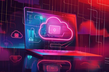 Cybersecurity Cloud Computing, Neon Laptop Displaying Data Encryption and Secure Cloud Storage