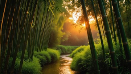 Bamboo forest with river and sunlight