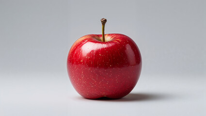 Shiny red apple standing on white background with stem