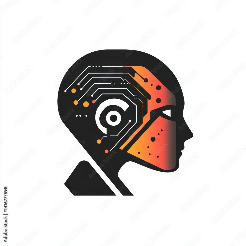 Poster futuristic ai head profile with circuit board brain and gradient colors