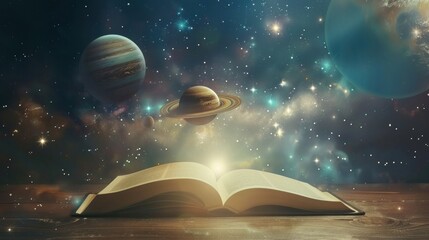 Naklejka premium Cosmic realms revealed: An open book illuminating the secrets of the universe