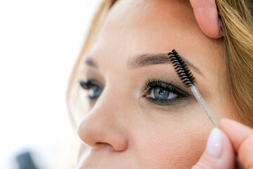 close up eyes Makeup, Make up in process , beautician applies makeup eyeshadows in bright professional studio, Beautiful woman face, Hand of master in beauty salon, wedding preparation