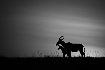 Mono topi stands at sunrise with calf