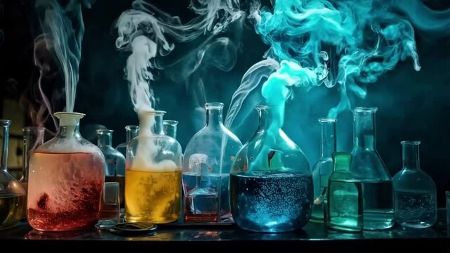 Vibrant Chemical Reactions in Laboratory Glassware Creating Stunning Visual Effects