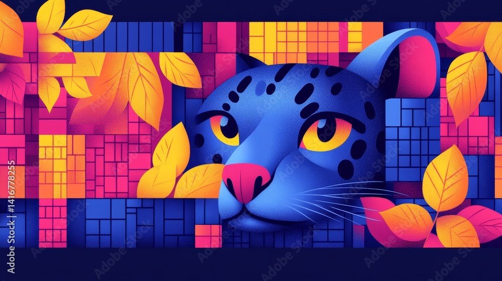 Poster abstract nocturnal predator with patterned fur a fusion of mosaic backdrop and autumn foliage captiv