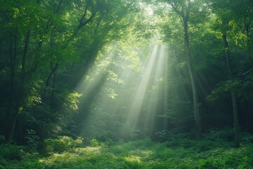 Obraz premium Sunlight filters through a lush forest canopy creating a tranquil atmosphere in the morning light