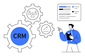 Large CRM cogwheel linked to team, analytics, and scalable growth icons. Business professional analyzing dashboard. Ideal for management, strategy, sales, analytics, organization collaboration