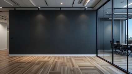 A modern black wall mockup in an office with wooden flooring, illuminated by ceiling lights at night, featuring a meeting room visible through a glass wall on the right side.