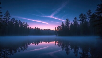 Fototapeta premium Lake Reflection at Night Under Starry Sky and Clouds