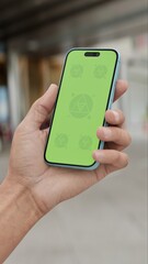 GREEN SCREEN CHROMA KEY Smartphone with a green screen held in a hand near a hotel entrance, featuring a parked car and modern urban surroundings