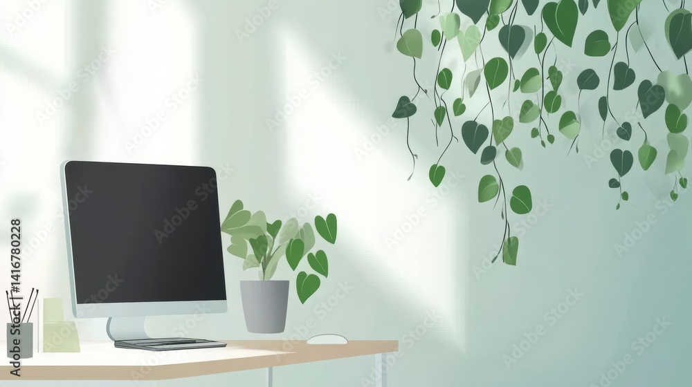 Poster sunlight streams into a modern workspace with greenery.