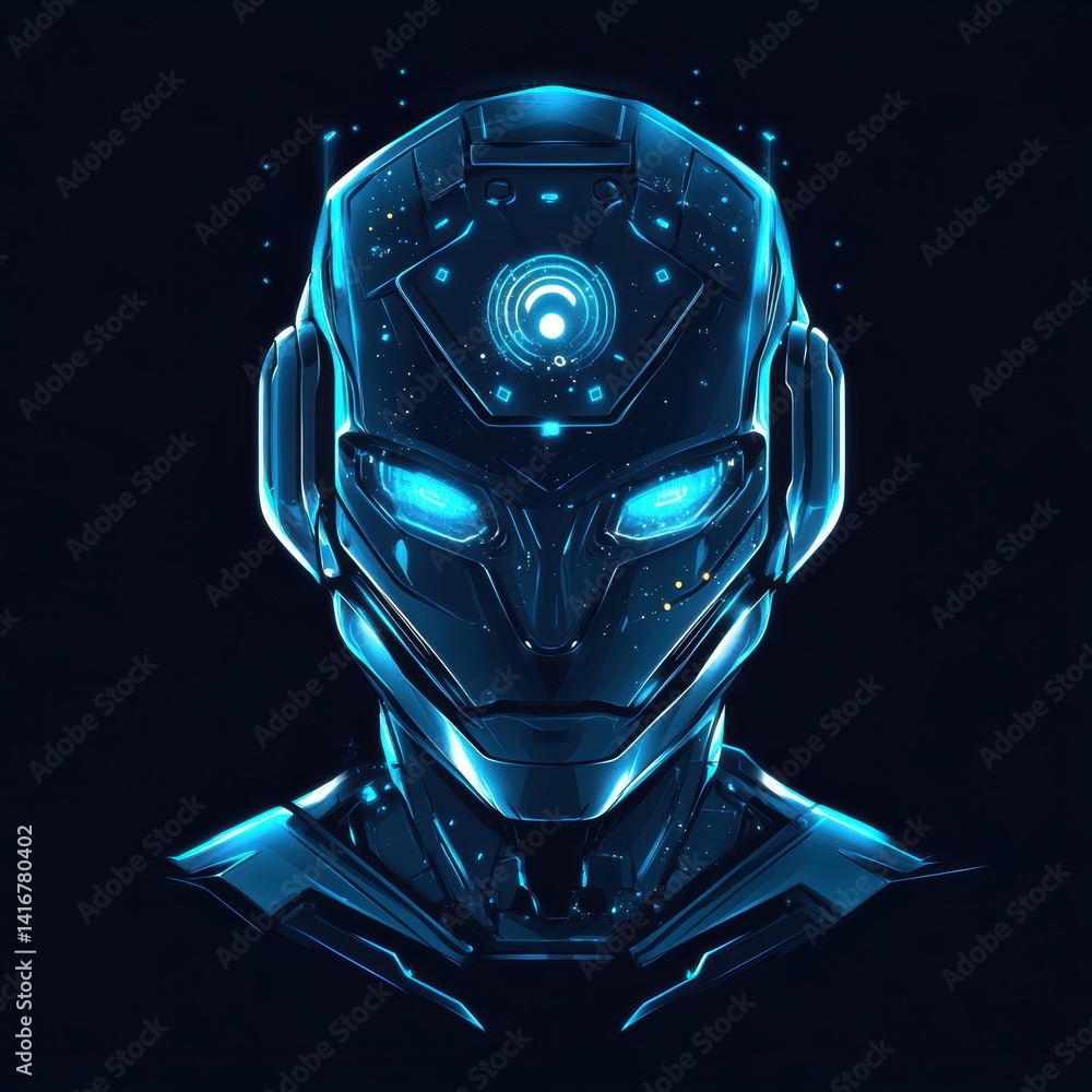Poster futuristic ai robot head with glowing blue lights in a dark setting, representing artificial intelli