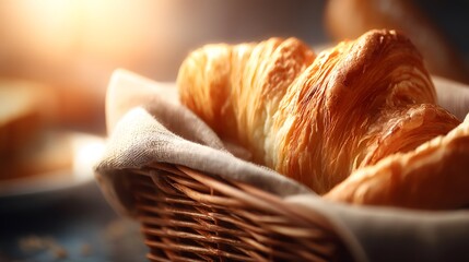 Freshly baked croissants in a wicker basket rustic kitchen food photography warm lighting close-up view culinary delight
