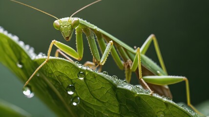 Fototapeta premium A green praying mantis perched on a leaf covered in water droplets in a close up shot outdoors