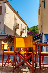 Typical street in Cargèse, Corsica, France, typical and picturesque hillside village. Hilltop town nestled on the coast above the Mediterranean sea.