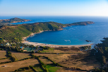 Chuini beach in Cargèse,Corsica, France. Typical and picturesque hillside village nestled on the coast above the Mediterranean sea.