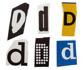 Ransom letter font D from printout magazine cutout, collage element for graphic design, png isolated on transparent background